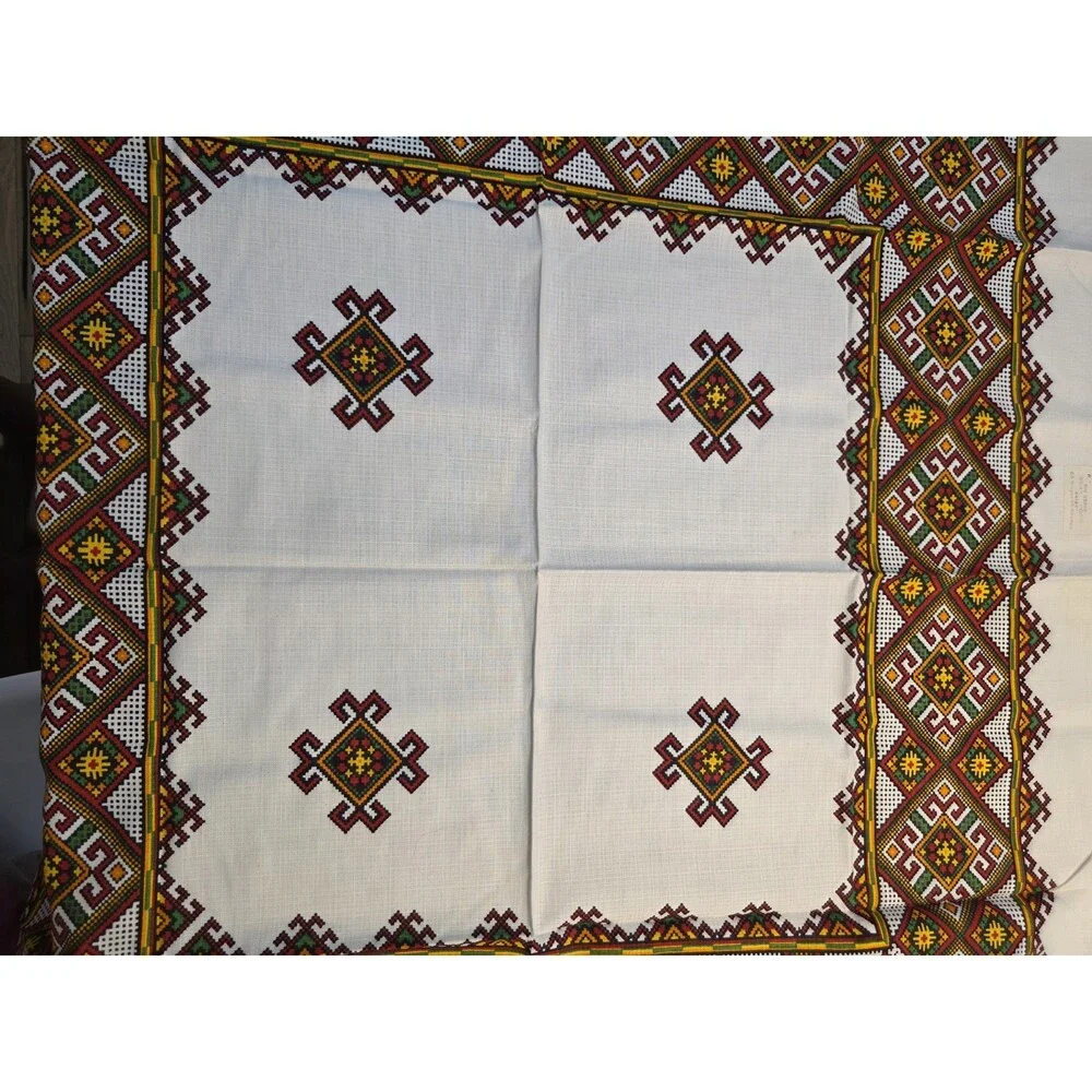 Vintage Ukrainian Folk Art Printed Square Tablecloth 44x44 Cross Stitch Pattern